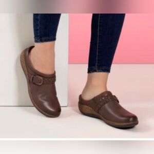 AETREX Womens Libby Black Leather Braided Arch Support Comfort Clog Sz38 7.5